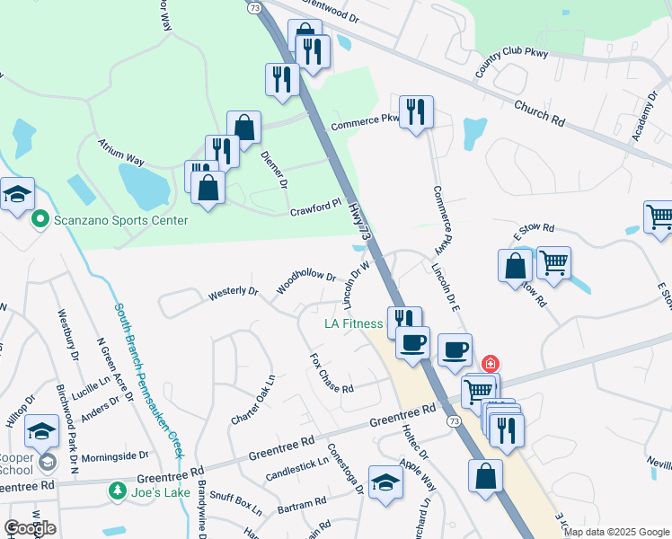 map of restaurants, bars, coffee shops, grocery stores, and more near 113 Woodhollow Drive in Evesham Township