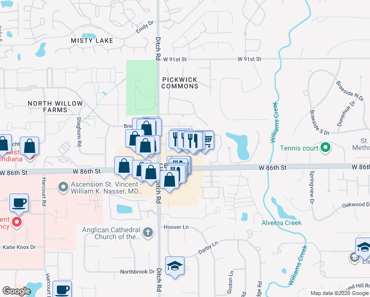 map of restaurants, bars, coffee shops, grocery stores, and more near 8644 Old Town Lane in Indianapolis