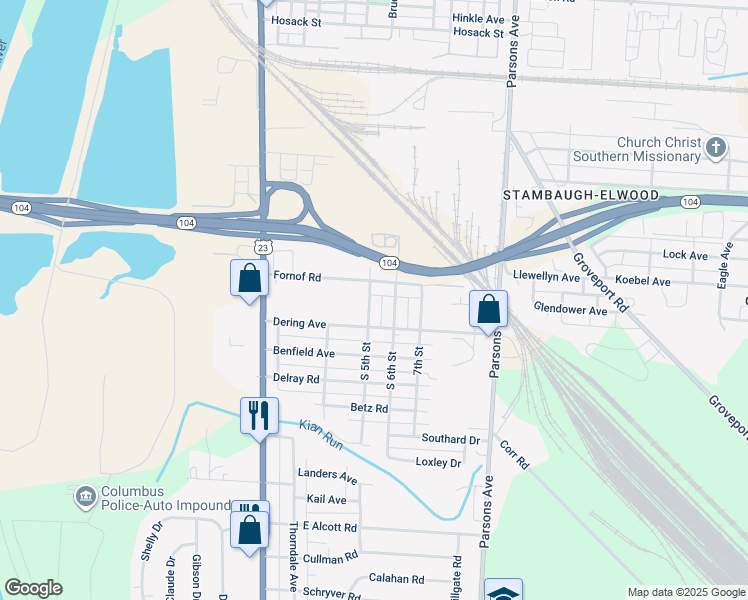 map of restaurants, bars, coffee shops, grocery stores, and more near 2366 South 5th Street in Columbus
