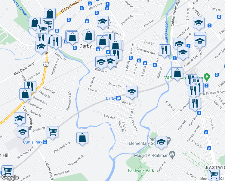 map of restaurants, bars, coffee shops, grocery stores, and more near 321 South 5th Street in Darby
