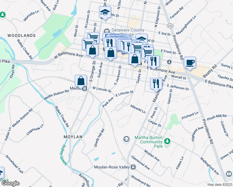 map of restaurants, bars, coffee shops, grocery stores, and more near 558 South Avenue in Media