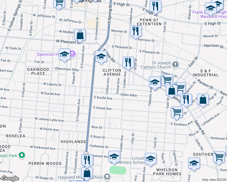 map of restaurants, bars, coffee shops, grocery stores, and more near 221 East Liberty Street in Springfield