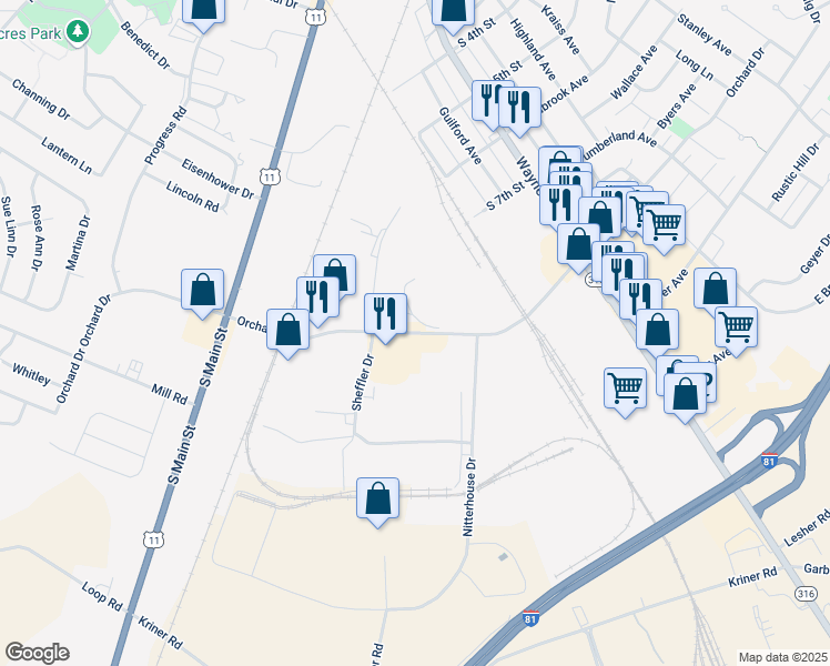 map of restaurants, bars, coffee shops, grocery stores, and more near Orchard Drive in Chambersburg