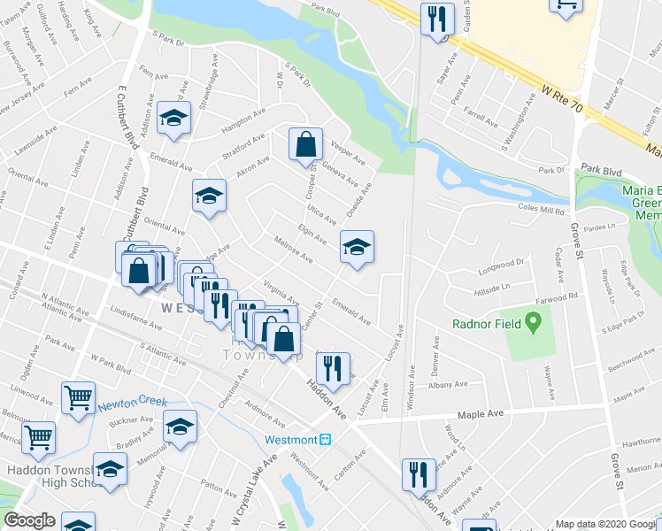 map of restaurants, bars, coffee shops, grocery stores, and more near 121 Melrose Avenue in Haddon township