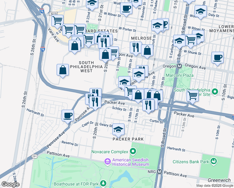 map of restaurants, bars, coffee shops, grocery stores, and more near 1900 West Moyamensing Avenue in Philadelphia