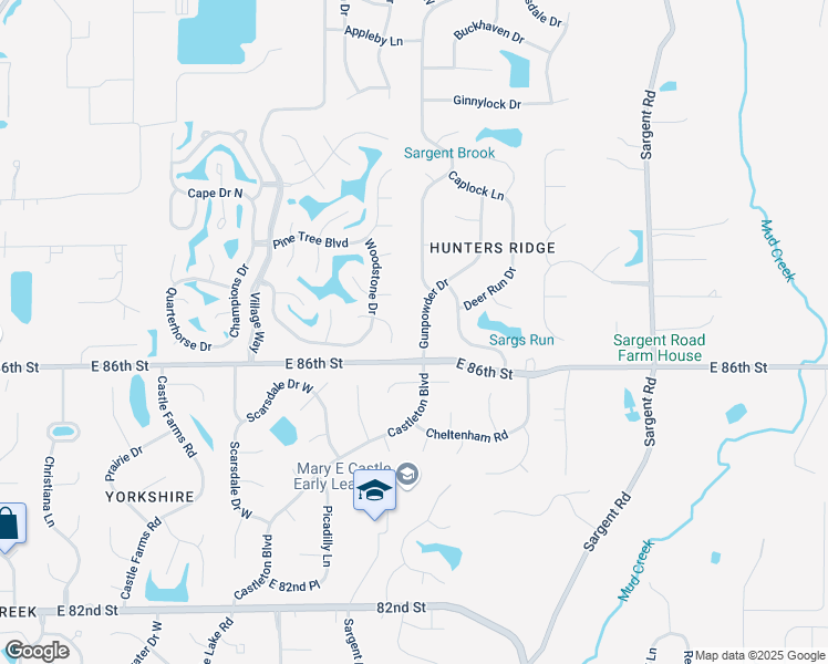 map of restaurants, bars, coffee shops, grocery stores, and more near 8636 Gunpowder Drive in Indianapolis