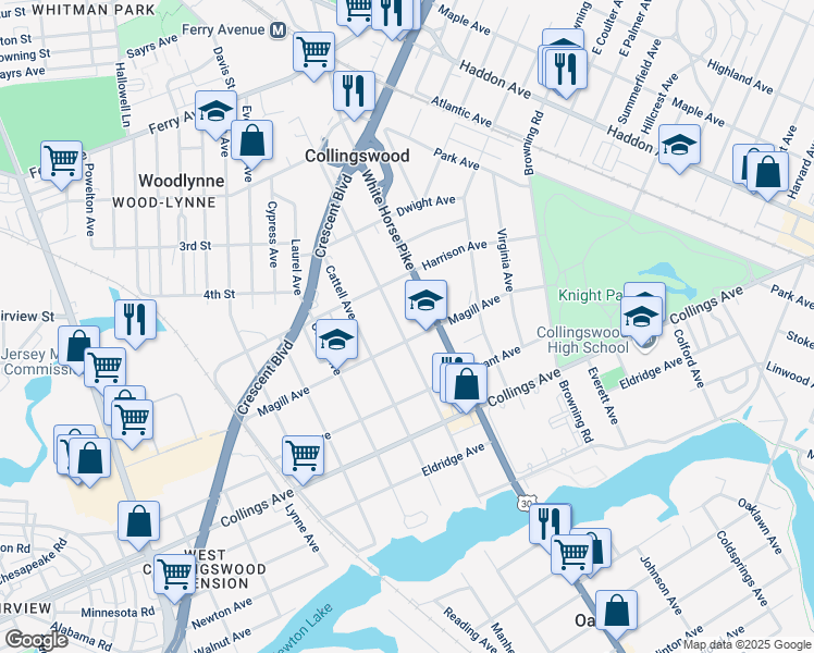 map of restaurants, bars, coffee shops, grocery stores, and more near 337 Richey Avenue in Oaklyn
