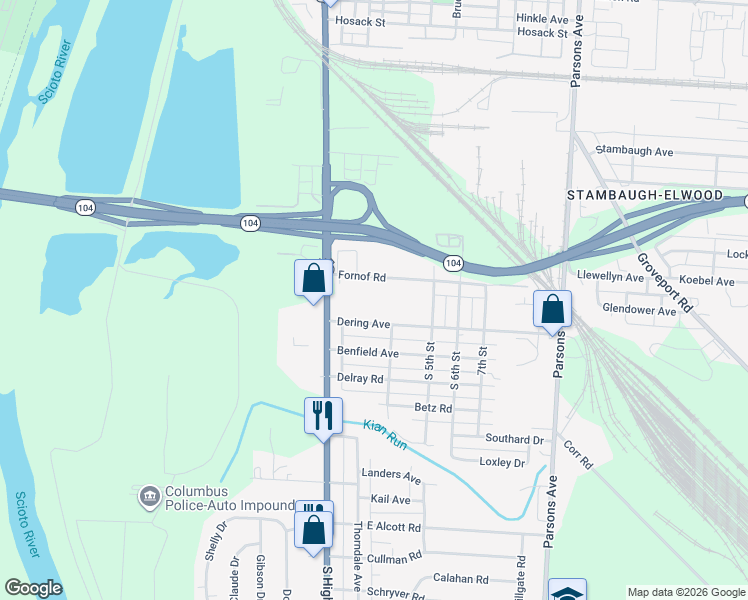 map of restaurants, bars, coffee shops, grocery stores, and more near 103 Fornoff Road in Columbus