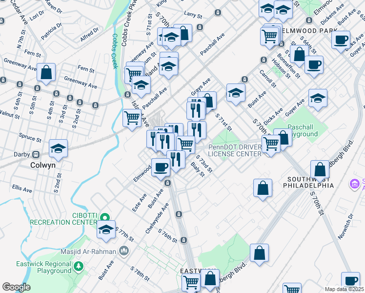 map of restaurants, bars, coffee shops, grocery stores, and more near 7307 West Passyunk Avenue in Philadelphia
