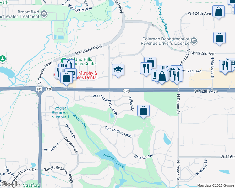map of restaurants, bars, coffee shops, grocery stores, and more near 11937 Wyandot Circle in Westminster