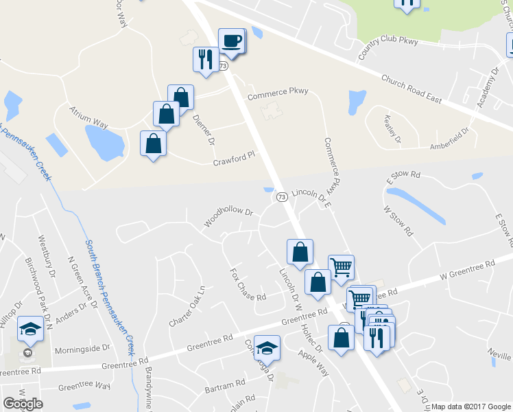 map of restaurants, bars, coffee shops, grocery stores, and more near 113 Woodhollow Drive in Evesham Township