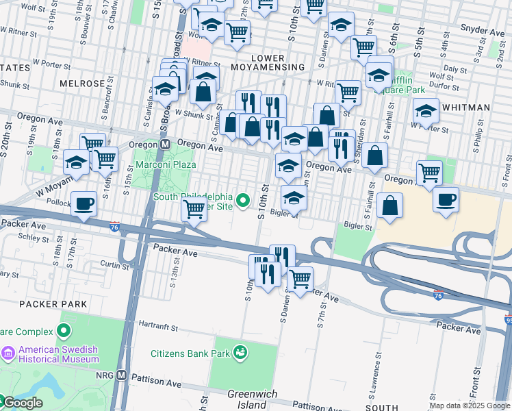 map of restaurants, bars, coffee shops, grocery stores, and more near 2841 South 10th Street in Philadelphia