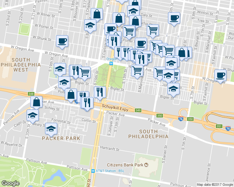 map of restaurants, bars, coffee shops, grocery stores, and more near 2924 South Juniper Street in Philadelphia