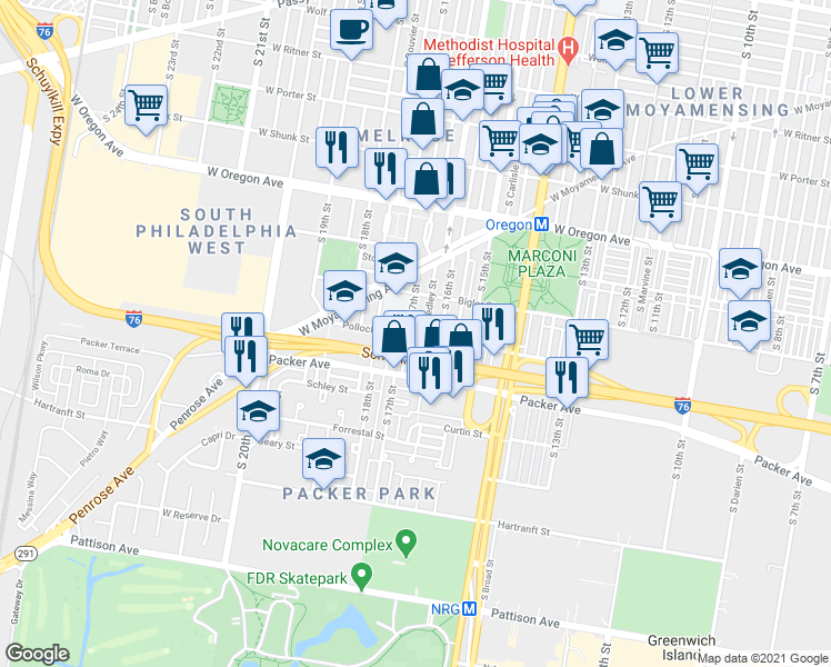 map of restaurants, bars, coffee shops, grocery stores, and more near in Philadelphia