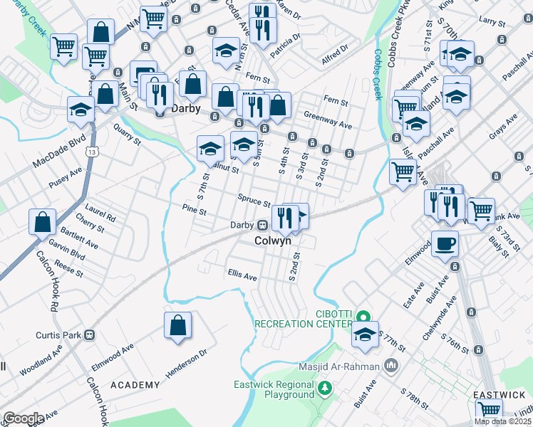 map of restaurants, bars, coffee shops, grocery stores, and more near 307 South 4th Street in Darby