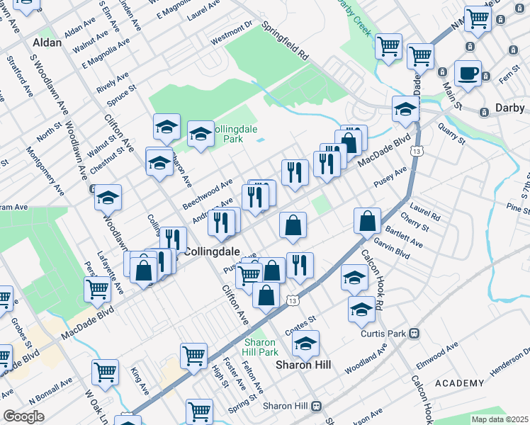 map of restaurants, bars, coffee shops, grocery stores, and more near 519 Macdade Boulevard in Collingdale