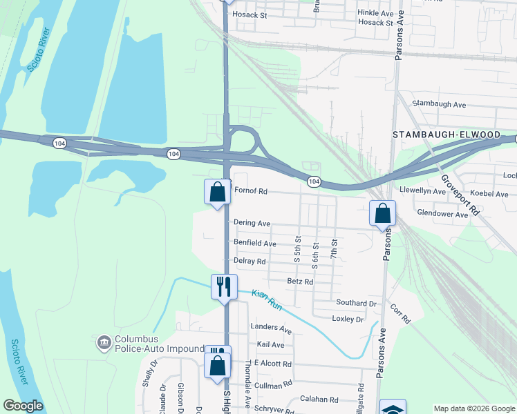 map of restaurants, bars, coffee shops, grocery stores, and more near 55 Fornof Road in Columbus