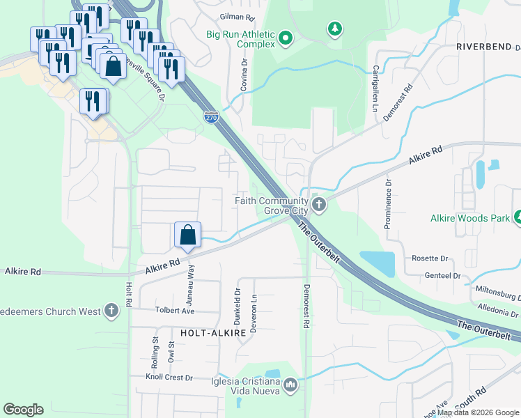 map of restaurants, bars, coffee shops, grocery stores, and more near 4300 Alkire Road in Columbus