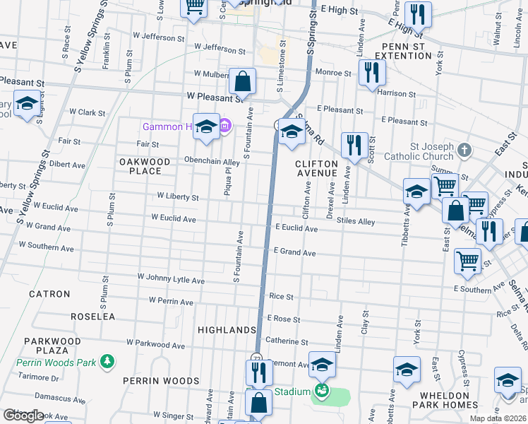 map of restaurants, bars, coffee shops, grocery stores, and more near 100-198 Stiles Alley in Springfield