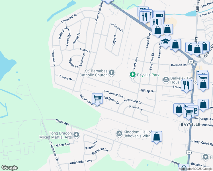 map of restaurants, bars, coffee shops, grocery stores, and more near 30 Woodland Road in Berkeley Township