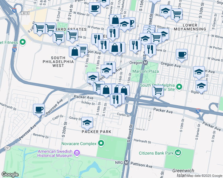 map of restaurants, bars, coffee shops, grocery stores, and more near 2951 South 17th Street in Philadelphia