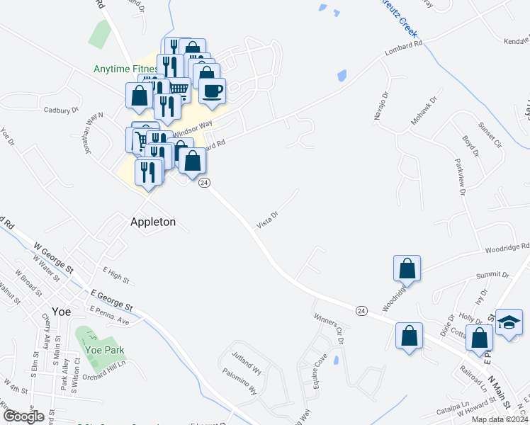 map of restaurants, bars, coffee shops, grocery stores, and more near 35 Vista Dr in Red Lion