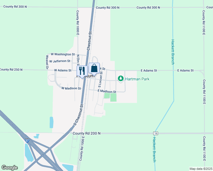 map of restaurants, bars, coffee shops, grocery stores, and more near 104 Walnut Street in Pesotum