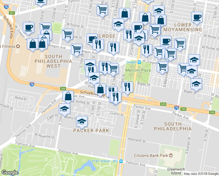 map of restaurants, bars, coffee shops, grocery stores, and more near 2951 South Smedley Street in Philadelphia