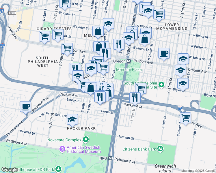 map of restaurants, bars, coffee shops, grocery stores, and more near 2943 South Sydenham Street in Philadelphia