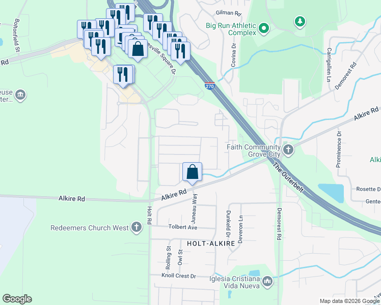 map of restaurants, bars, coffee shops, grocery stores, and more near 4638 Cadmus Drive in Columbus
