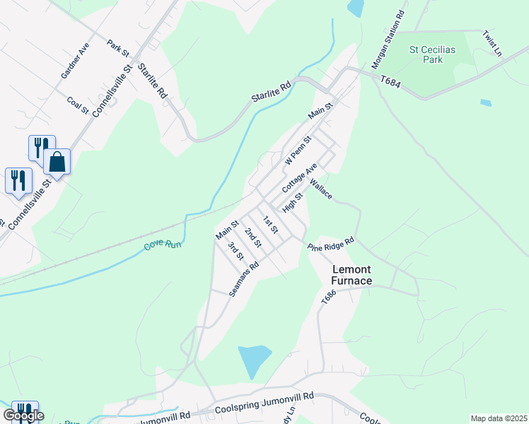 map of restaurants, bars, coffee shops, grocery stores, and more near 422 1st Street in Lemont Furnace