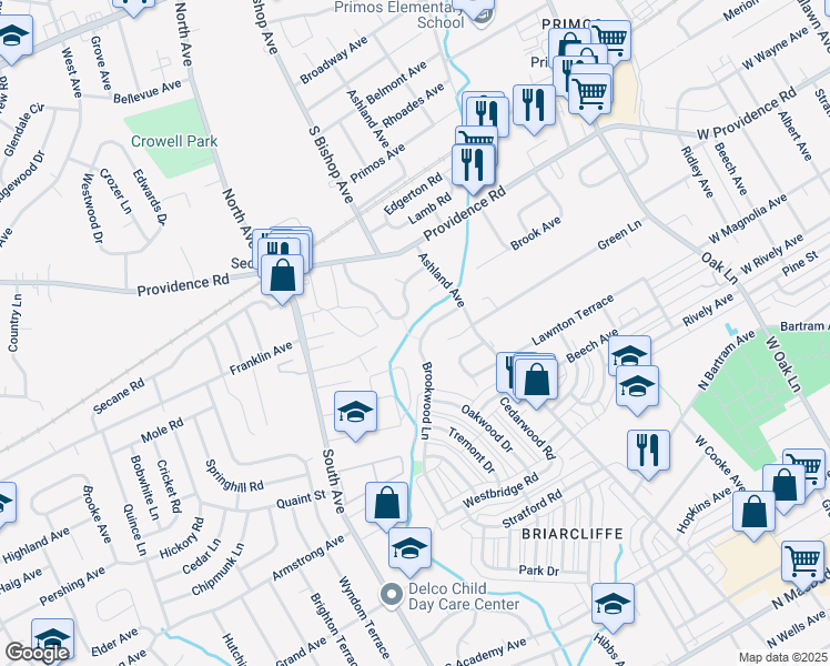 map of restaurants, bars, coffee shops, grocery stores, and more near 1119 Brookwood Lane in Upper Darby