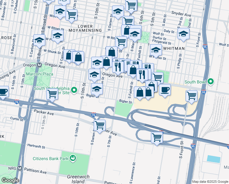 map of restaurants, bars, coffee shops, grocery stores, and more near 2813 South Beulah Street in Philadelphia