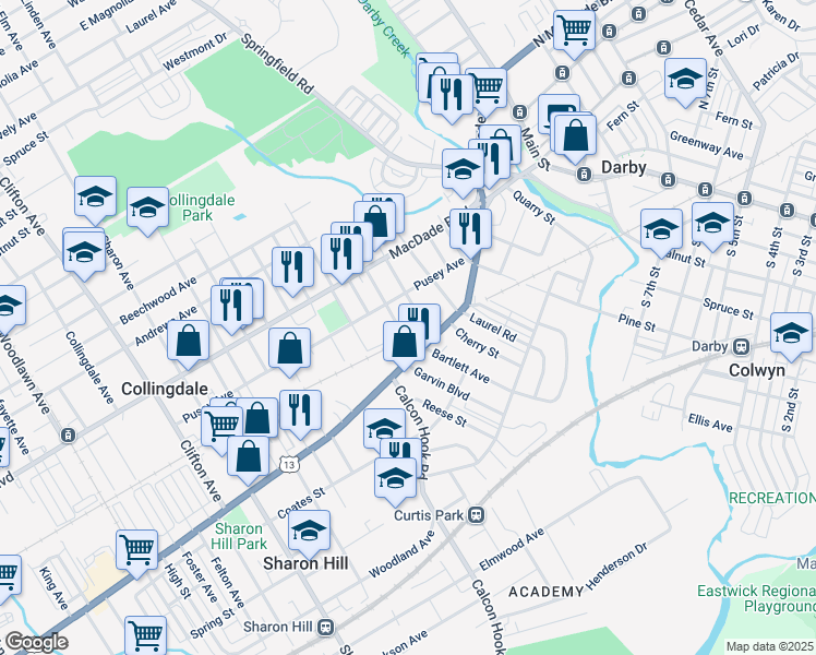 map of restaurants, bars, coffee shops, grocery stores, and more near 5 Rhodes Avenue in Collingdale