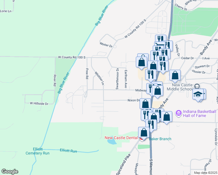 map of restaurants, bars, coffee shops, grocery stores, and more near 116 Midway Drive in New Castle