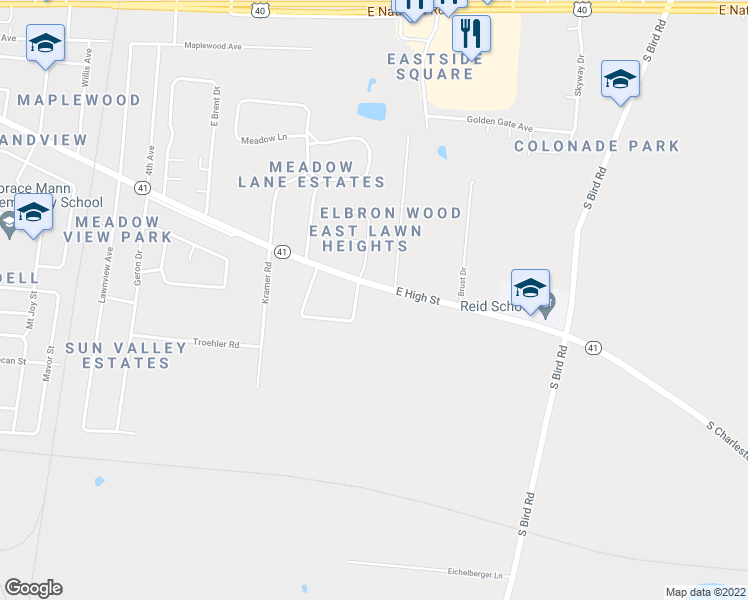 map of restaurants, bars, coffee shops, grocery stores, and more near 3335 East High Street in Springfield