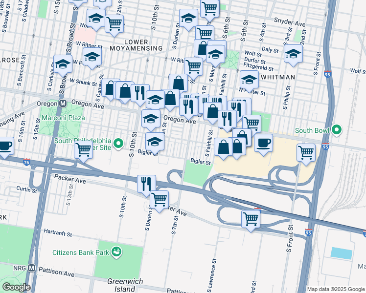 map of restaurants, bars, coffee shops, grocery stores, and more near 2813 South Beulah Street in Philadelphia