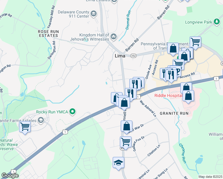 map of restaurants, bars, coffee shops, grocery stores, and more near 50 Potter Court in Media