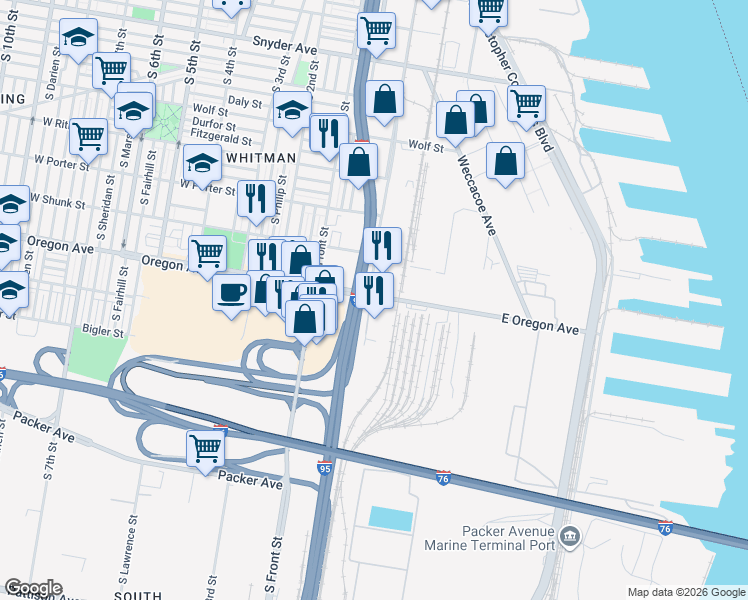 map of restaurants, bars, coffee shops, grocery stores, and more near 12 East Oregon Avenue in Philadelphia