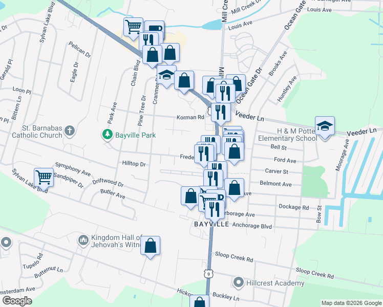 map of restaurants, bars, coffee shops, grocery stores, and more near 20 Frederick Drive in Berkeley Township