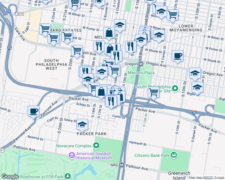 map of restaurants, bars, coffee shops, grocery stores, and more near 2944 South 16th Street in Philadelphia