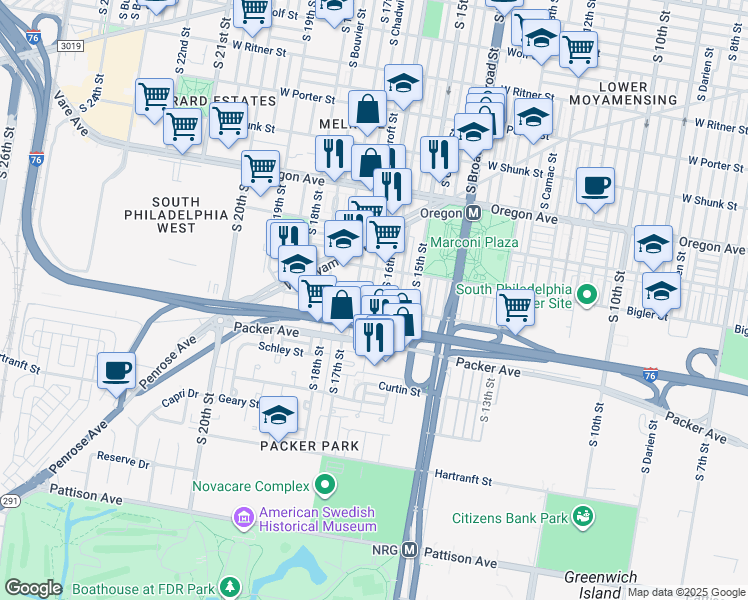 map of restaurants, bars, coffee shops, grocery stores, and more near 2949 South Smedley Street in Philadelphia