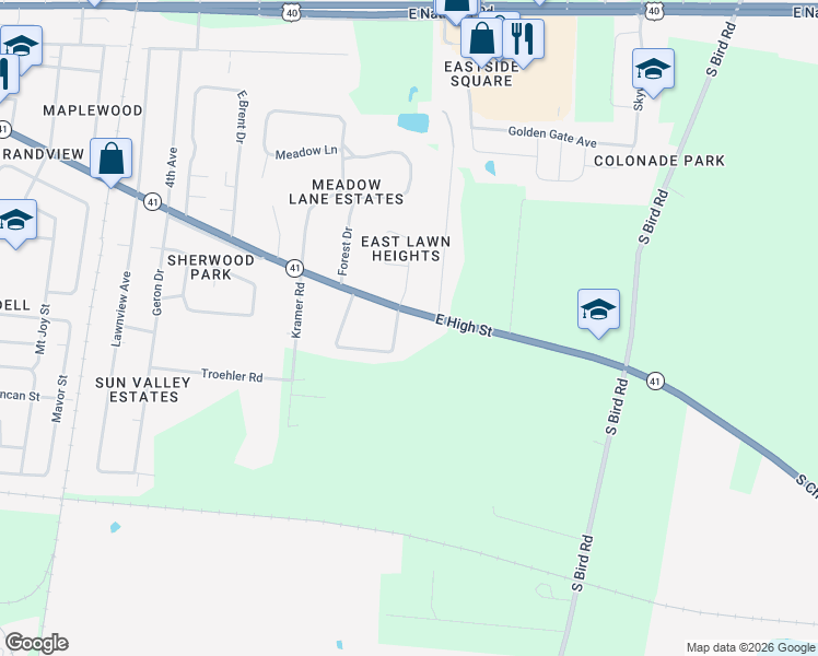 map of restaurants, bars, coffee shops, grocery stores, and more near 3335 East High Street in Springfield