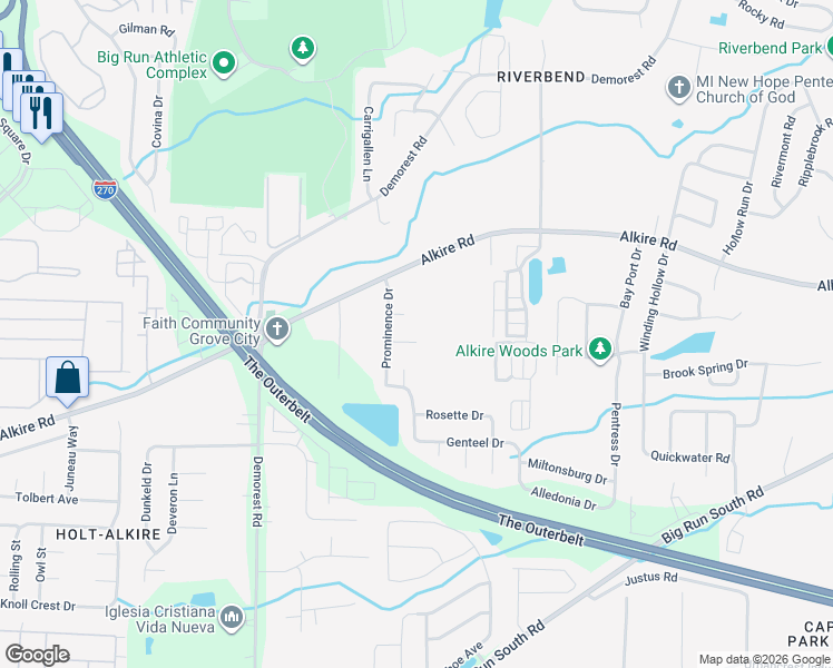 map of restaurants, bars, coffee shops, grocery stores, and more near 3963 Alkire Road in Grove City