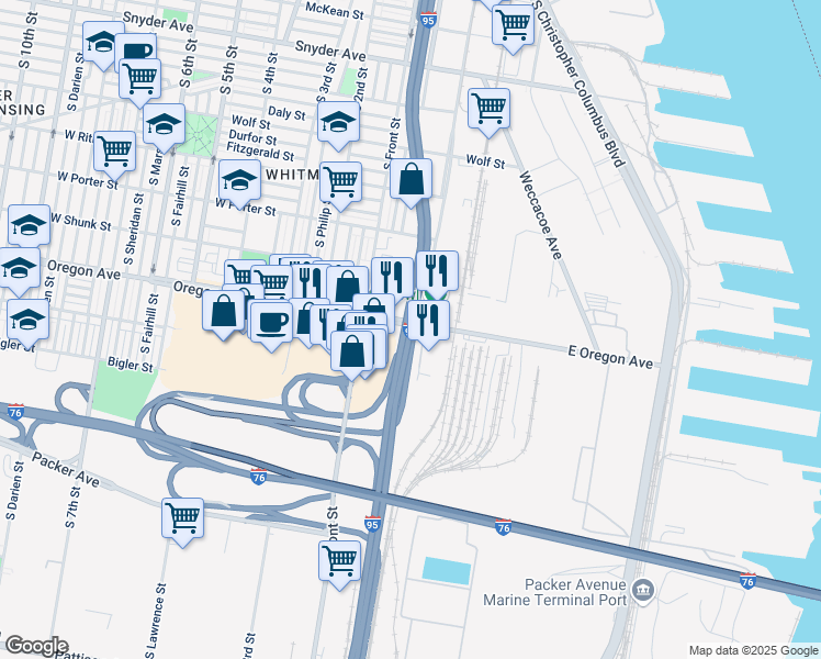map of restaurants, bars, coffee shops, grocery stores, and more near Delaware Expressway in Philadelphia
