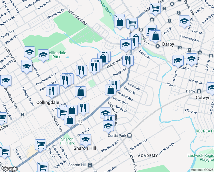 map of restaurants, bars, coffee shops, grocery stores, and more near 22 Rhodes Avenue in Collingdale