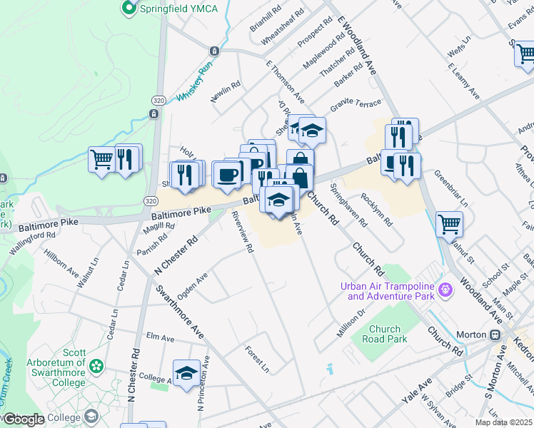 map of restaurants, bars, coffee shops, grocery stores, and more near 1001 Baltimore Pike in Springfield