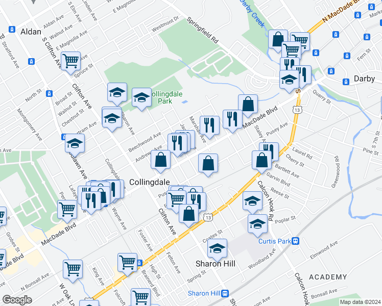 map of restaurants, bars, coffee shops, grocery stores, and more near 509 Macdade Boulevard in Collingdale