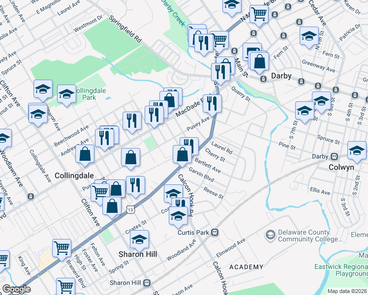 map of restaurants, bars, coffee shops, grocery stores, and more near 450 Chester Pike in Sharon Hill