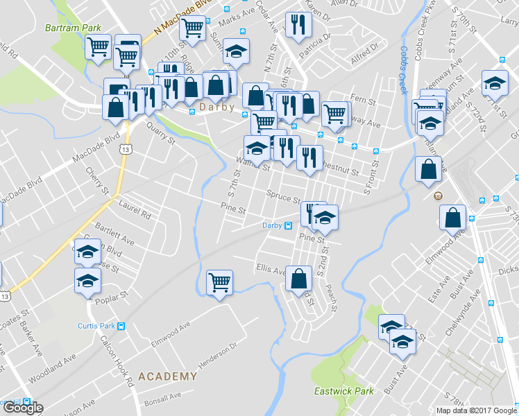 map of restaurants, bars, coffee shops, grocery stores, and more near 328 Moore Street in Darby